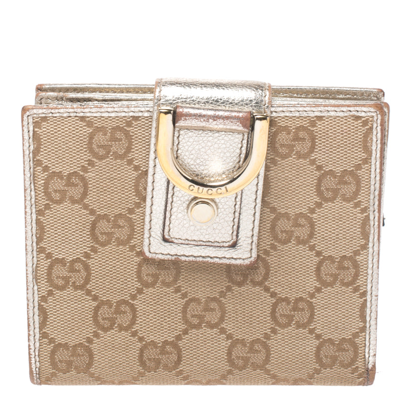 Luxury Gucci Trending 2025 Beige/Metallic Gold GG Canvas Abbey D Ring Compact Wallet