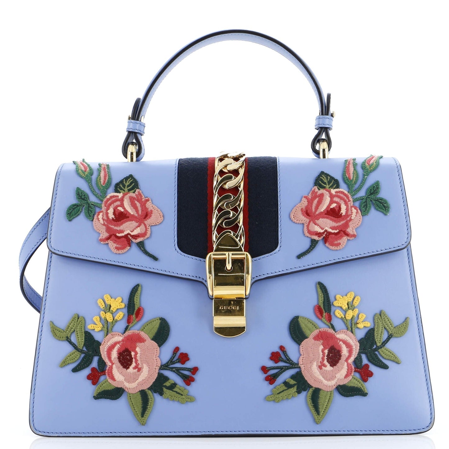 Luxury Gucci Trending 2025 Sylvie Top Handle Bag Embroidered Leather Medium
