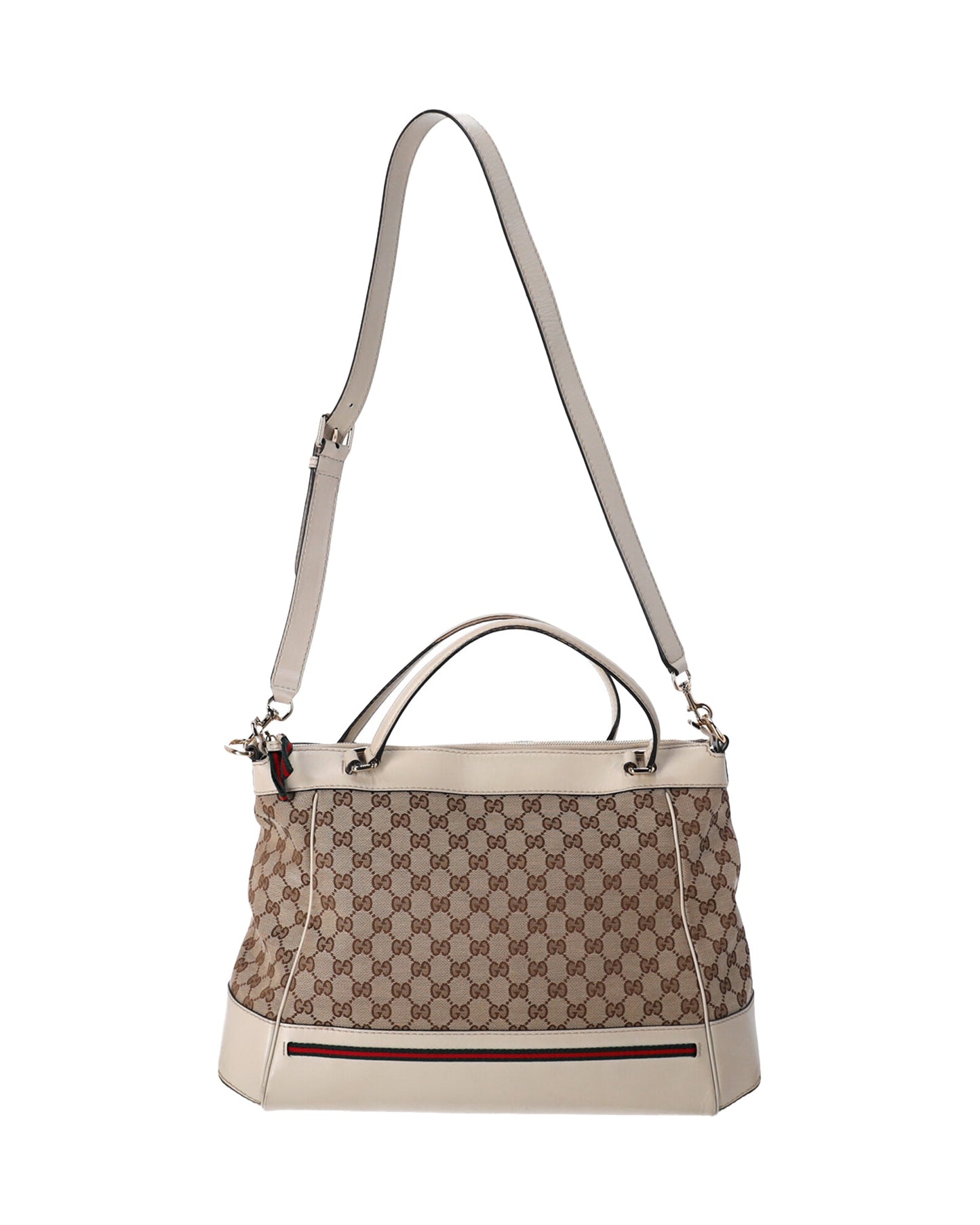 Gucci Mayfair Bow Large Top Handle Bag in Beige Canvas and White Leather