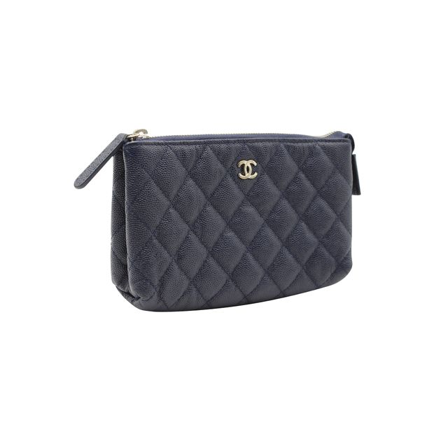 Luxury Chanel Navy Blue Caviar Leather Makeup Pouch