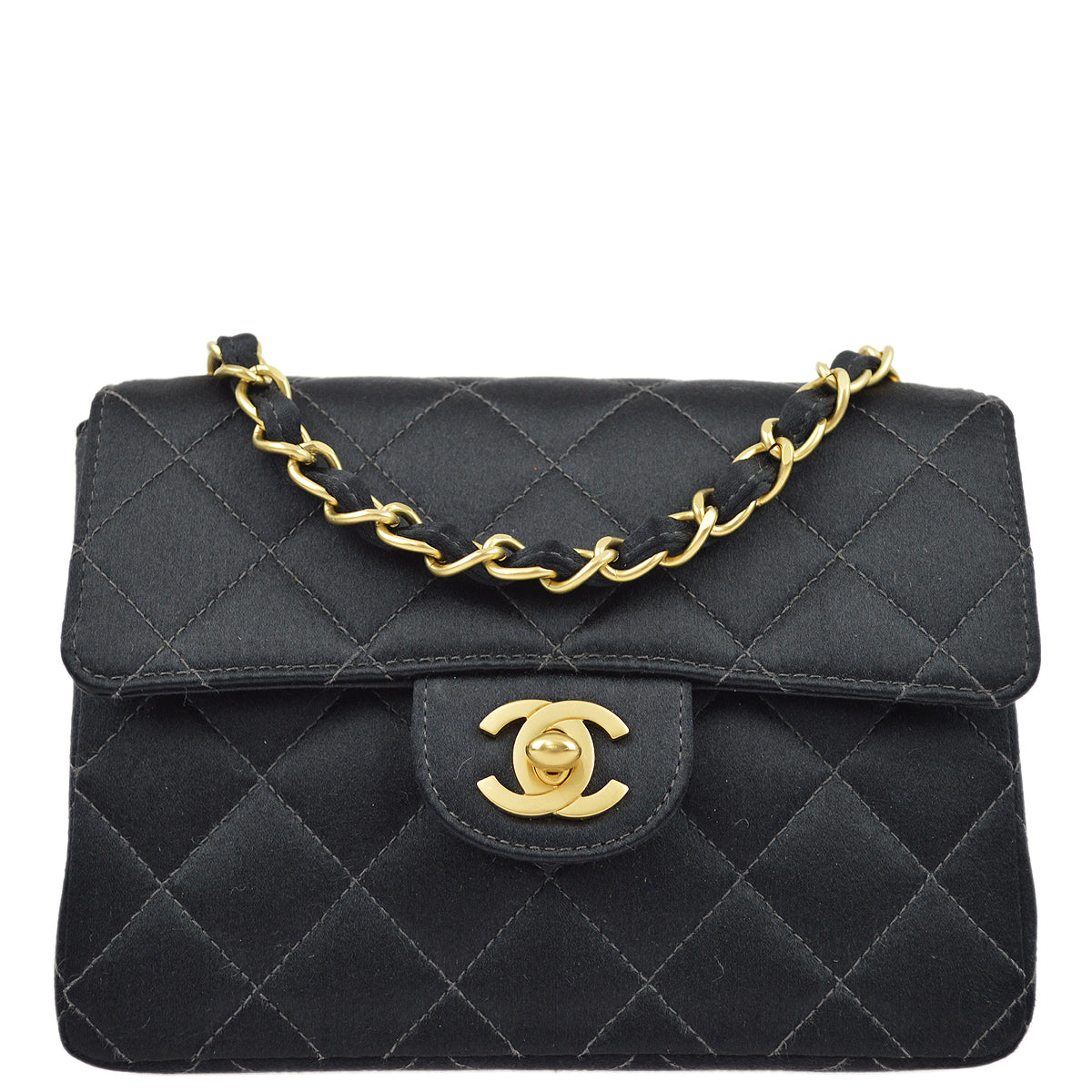 Luxury Chanel Black Satin Mini Classic Square Flap Shoulder Bag 17