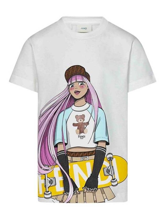 Luxury Fendi Kids Girls Skateboarder Print Short Sleeve T-Shirt White