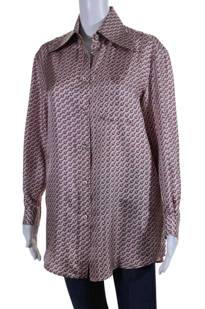 Gucci Womens Silk Striped Abstract Collared Buttoned Blouse Pink
