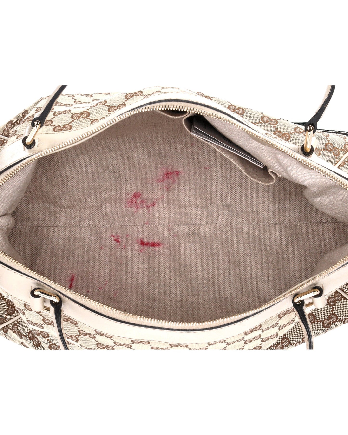 Gucci Mayfair Bow Large Top Handle Bag in Beige Canvas and White Leather
