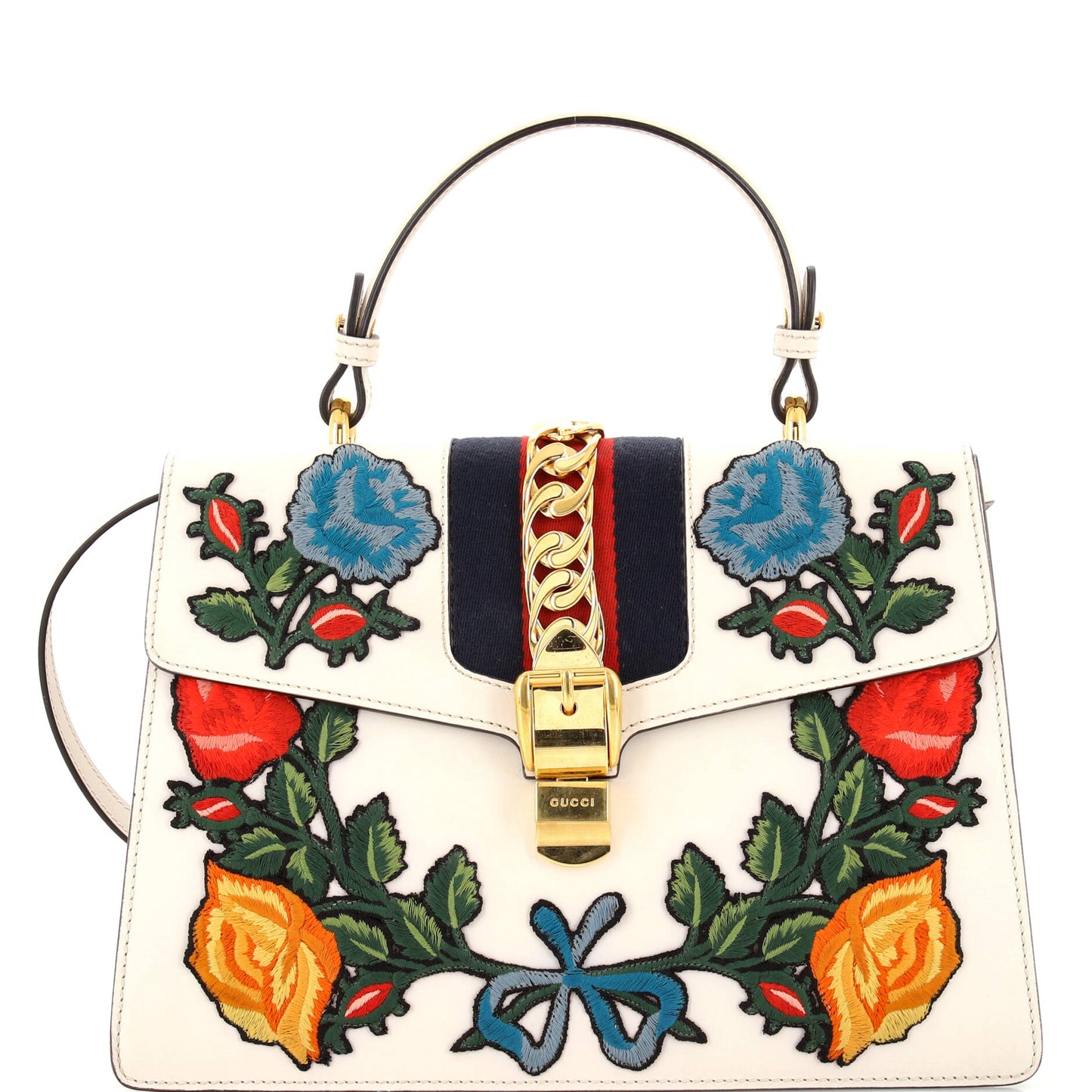 Luxury Gucci Trending 2025 Sylvie Top Handle Bag Embroidered Leather Medium