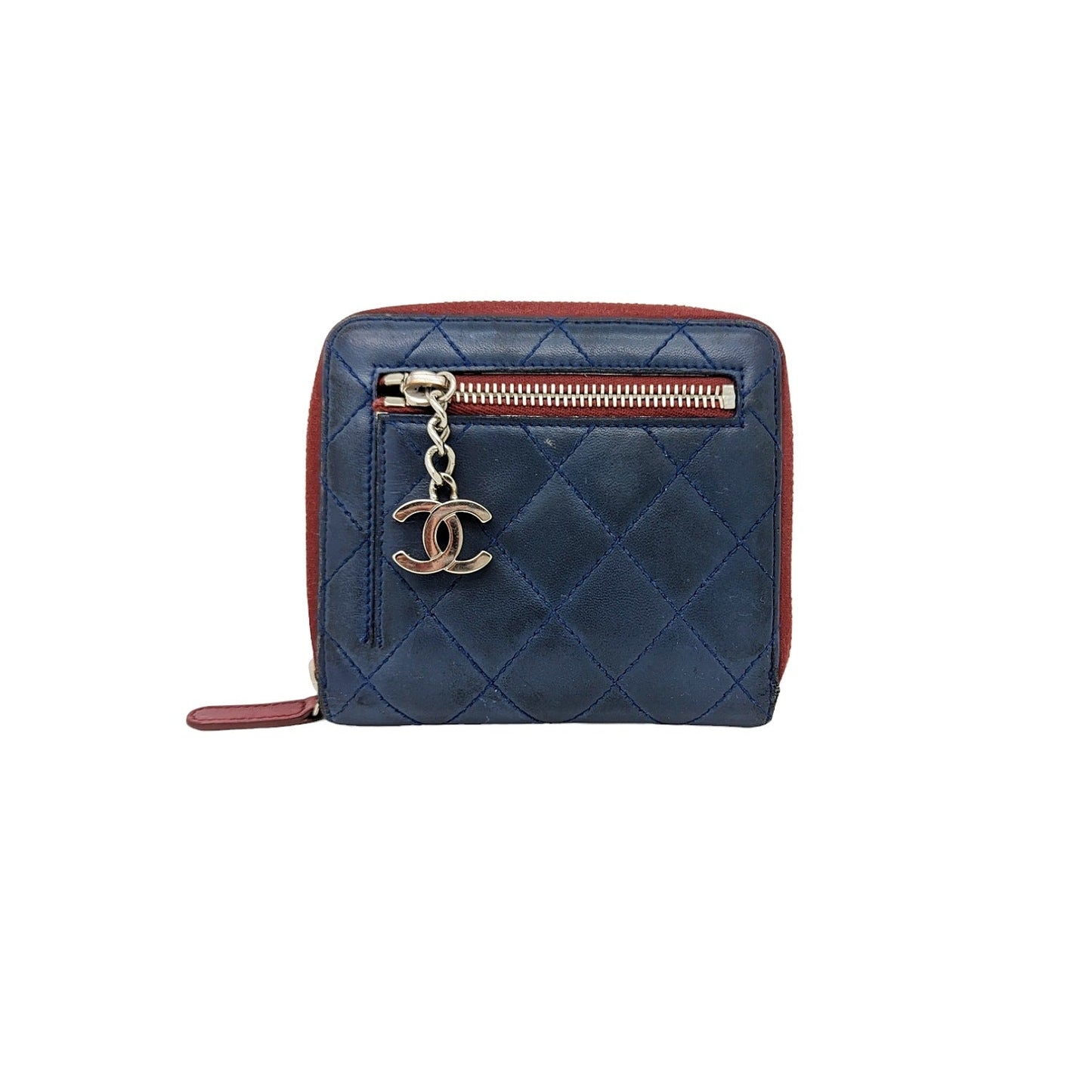 Luxury Chanel bag Blue Bicolor Quilted Maroon Trim Compact Zip Around Wallet