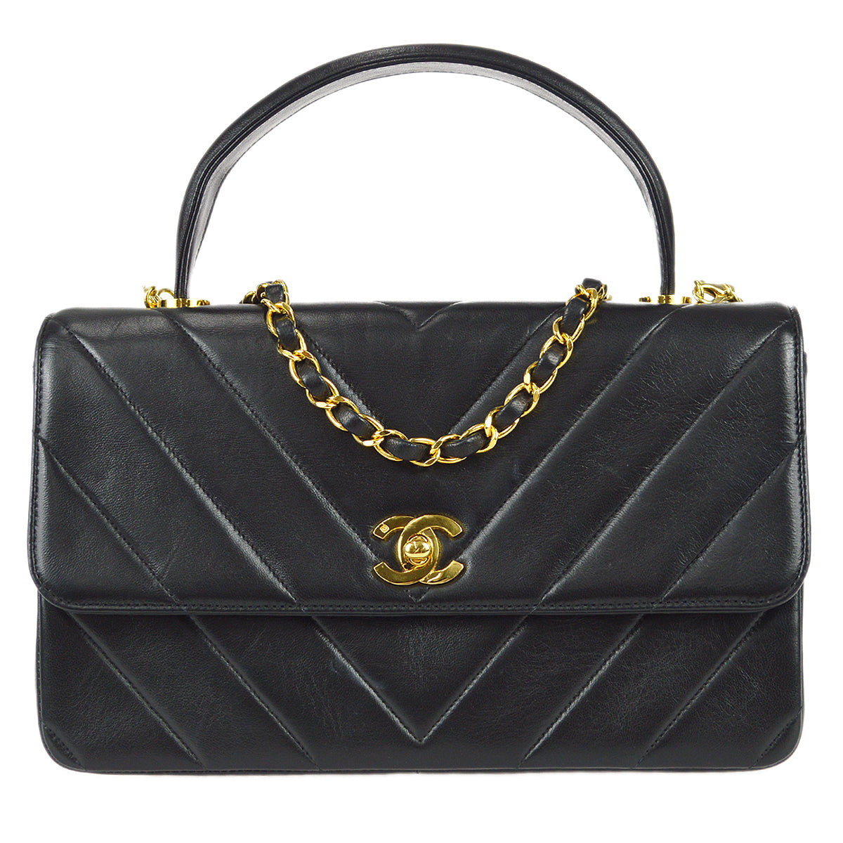 Luxury Chanel 1994-1996 V Stitch 2way Shoulder Handbag Black Lambskin