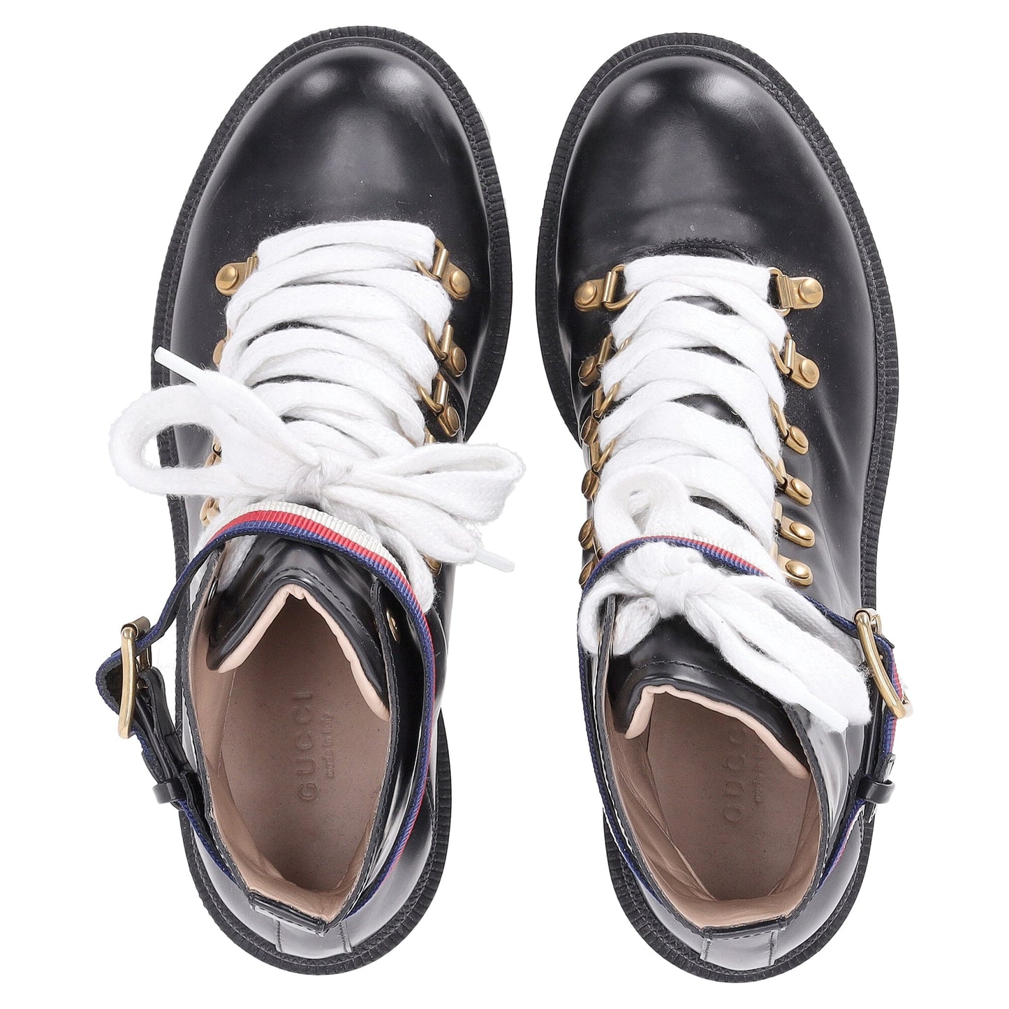 Gucci Sylvie Web Lace-Up Biker Ankle Boots in Black Calf Leather