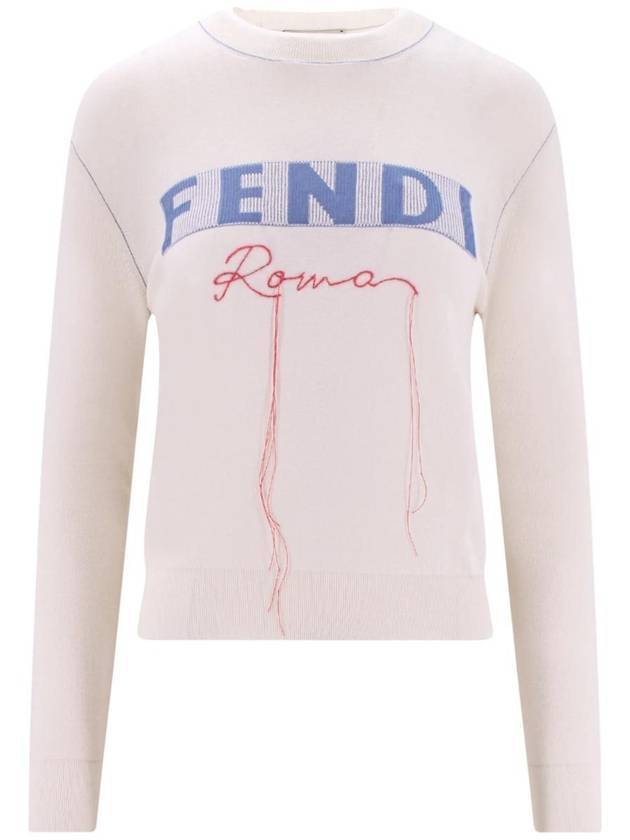 Luxury Fendi Logo Cashmere Blend Knit Top White
