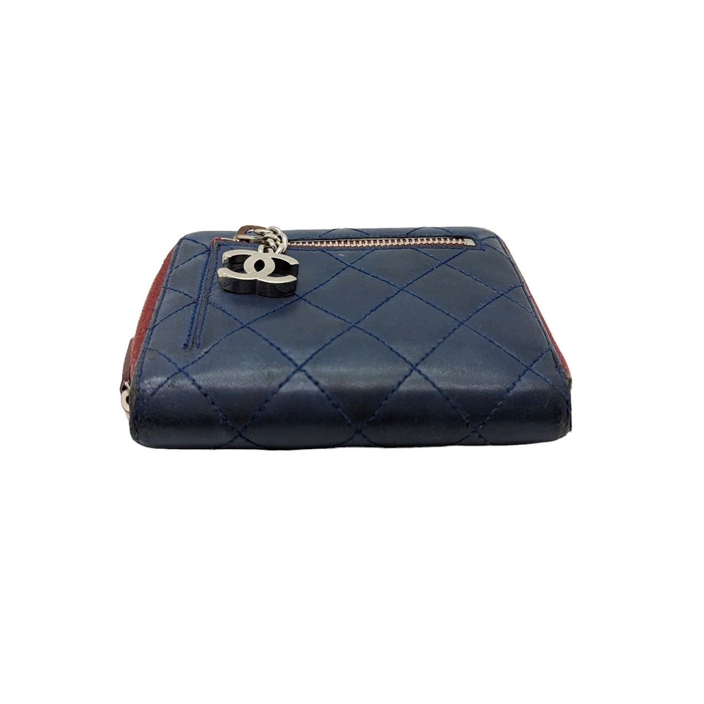 Luxury Chanel bag Blue Bicolor Quilted Maroon Trim Compact Zip Around Wallet
