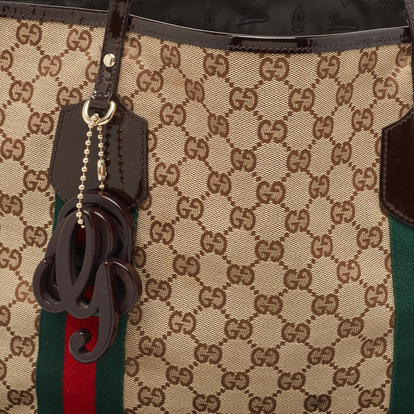 Gucci Beige/brown Gg Canvas And Patent Leather Jolie Web Charms Tote