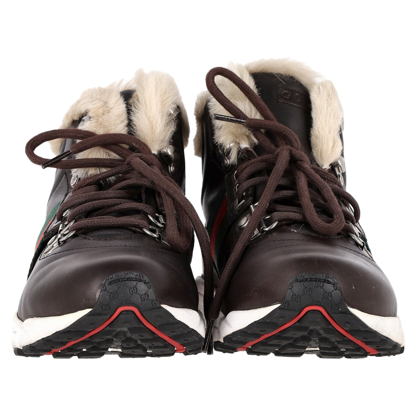 Gucci Web Detail Shearling Lined High Top Sneakers in Brown Leather