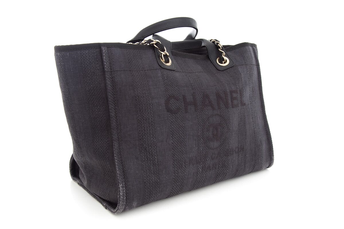 Luxury Chanel Chambray and Black Raffia Large Deauville Shopping Tote