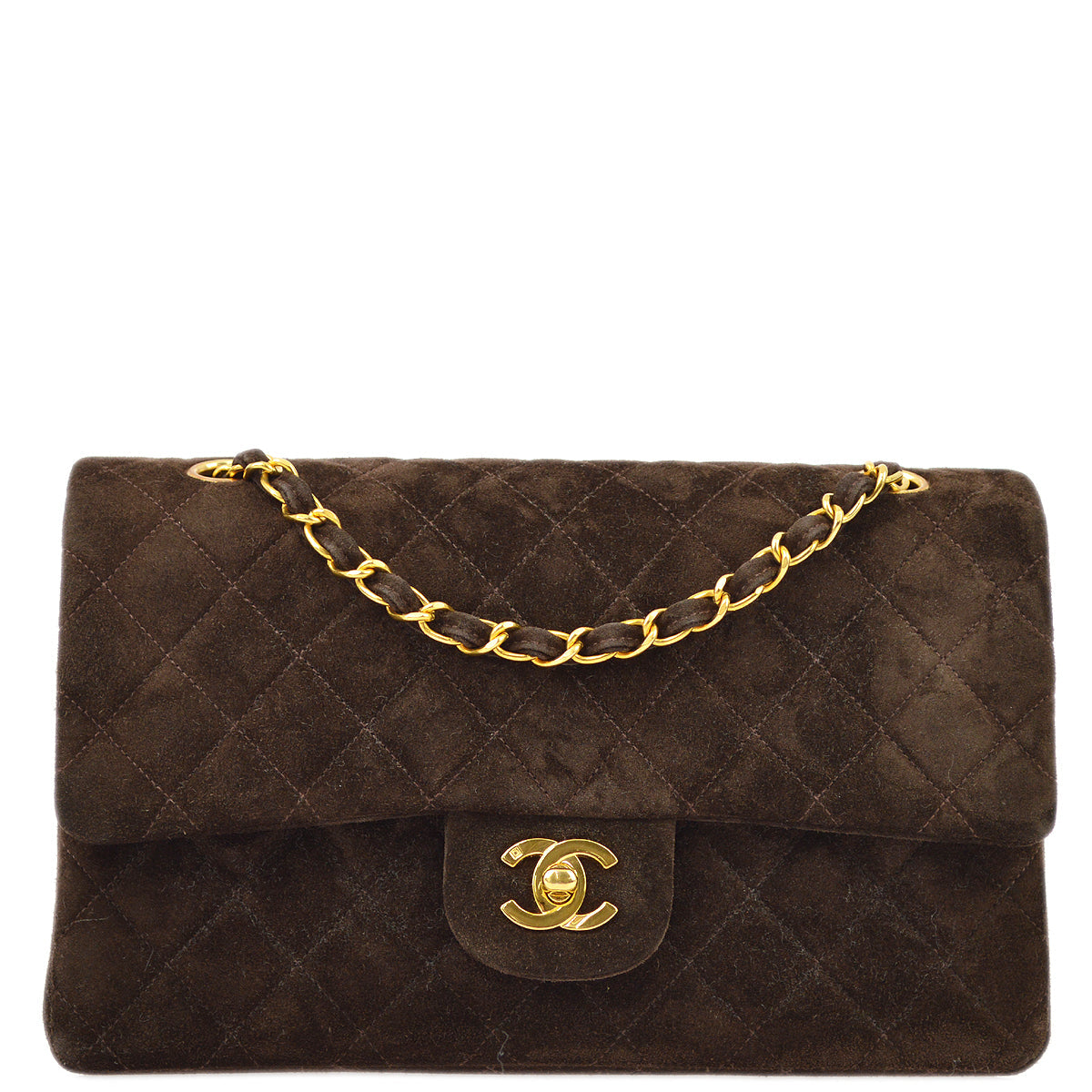 Luxury Chanel Brown Suede Medium Classic Double Flap Shoulder Bag