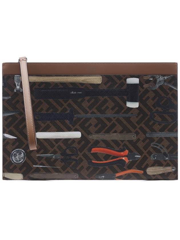 Luxury Fendi FF Logo Medium Flat Canvas Clutch Bag Brown