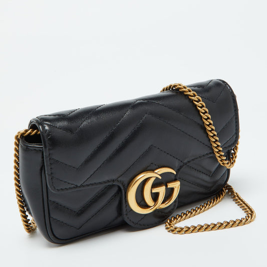 Luxury Gucci Trending 2025 Black Matelass&eacute; Leather Gg Marmont Super Mini Shoulder Bag..