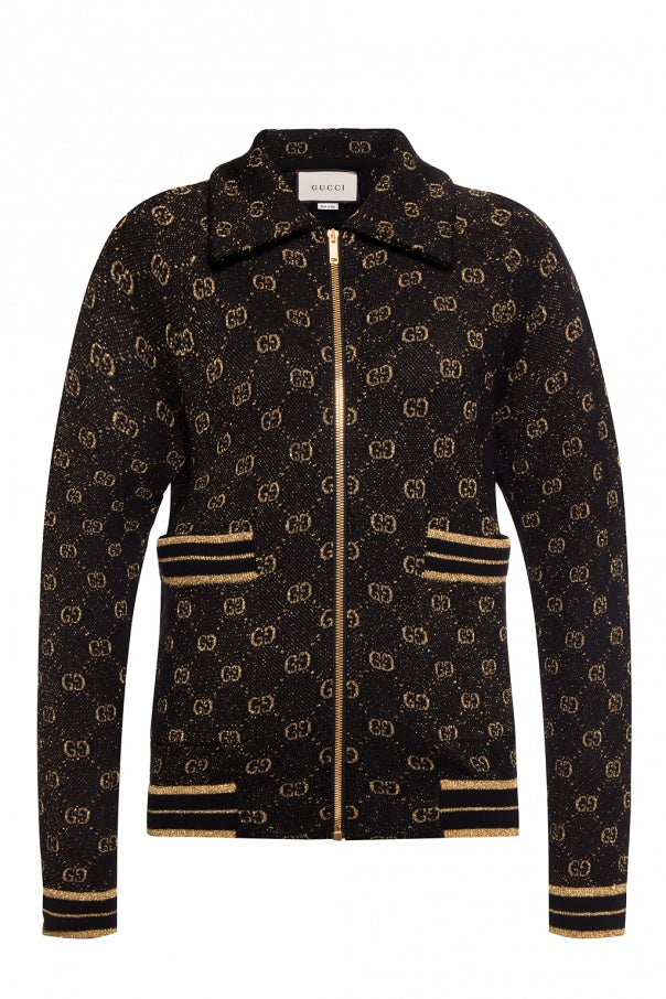 Luxury Gucci Trending 2025 Black Zipped Cardigan with Gold Lamé GG