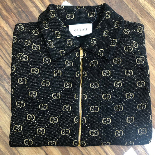 Luxury Gucci Trending 2025 Black Zipped Cardigan with Gold Lamé GG