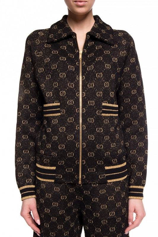 Luxury Gucci Trending 2025 Black Zipped Cardigan with Gold Lamé GG