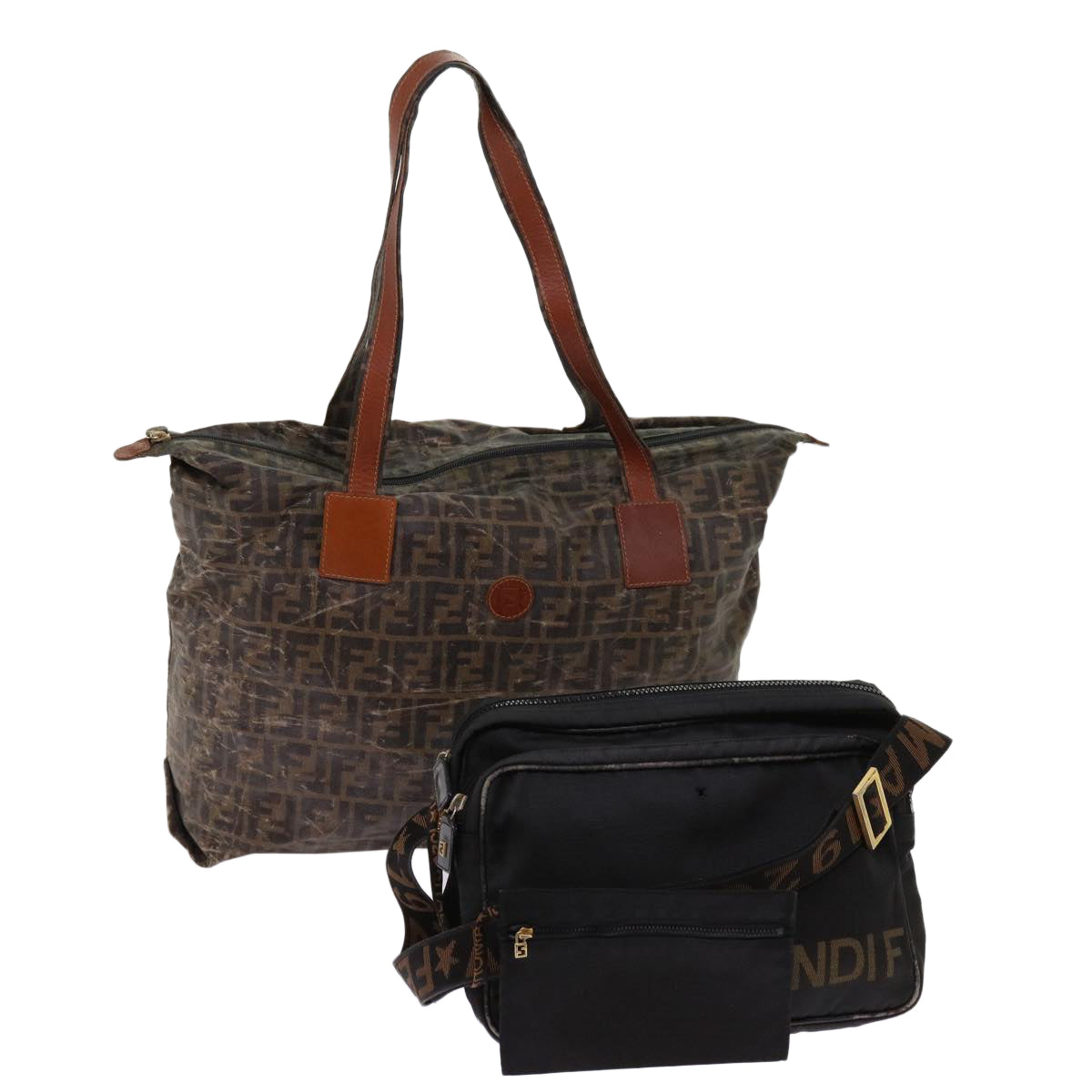 Luxury FendiZucca Canvas Shoulder Bag Coated Canvas 2Set Brown Blackbs10493
