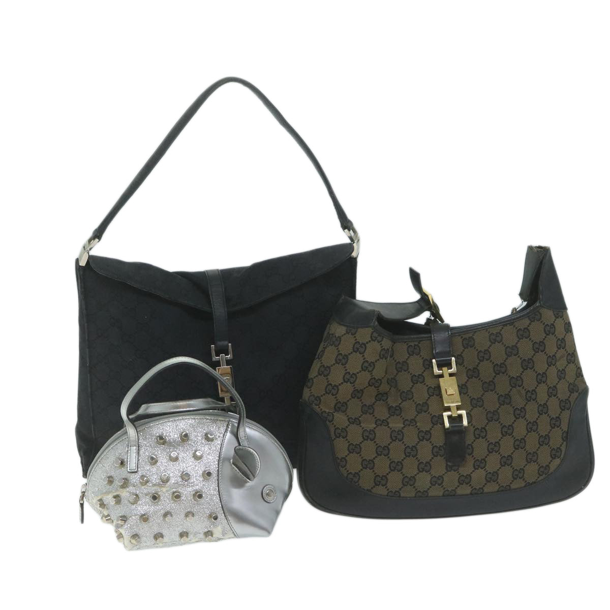GUCCI GG Canvas Jackie Shoulder Bag Leather 3Set Beige Black Silver  bs11515