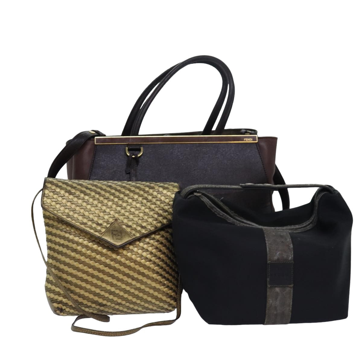 Luxury Fendi Shoulder Hand Bag Leather 3Set Brown Gold blackbs14080