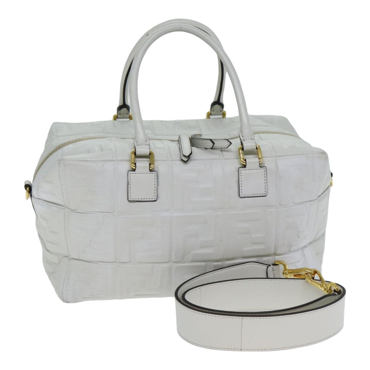 Luxury Fendi Zucca Canvas Hand Bag Leather 2way Whitebs15482