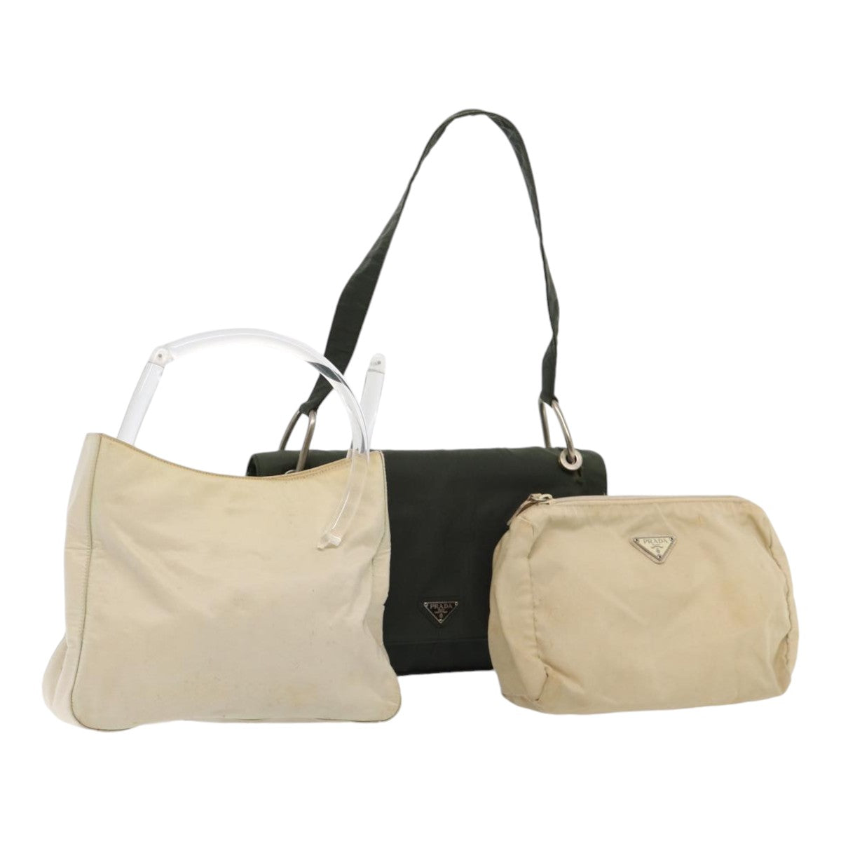 Luxury Prada Pouch Shoulder Bag Nylon 3Set Khaki Cream  bs16503