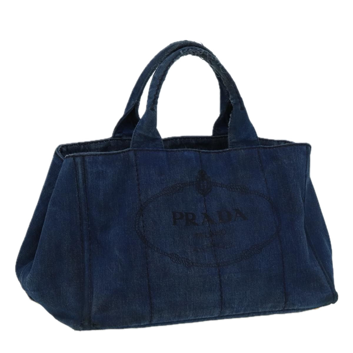 Luxury Prada Canapa MM Hand Bag Denim Navy Gold  bs16544