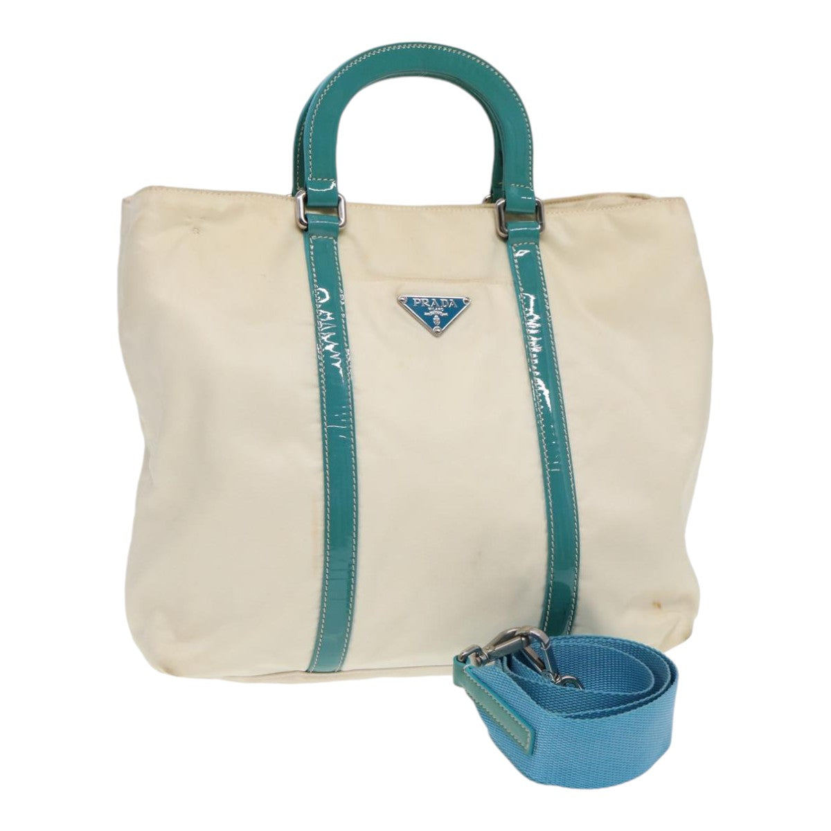 Luxury Prada Hand Bag Nylon 2way White Turquoise Blue  bs16826
