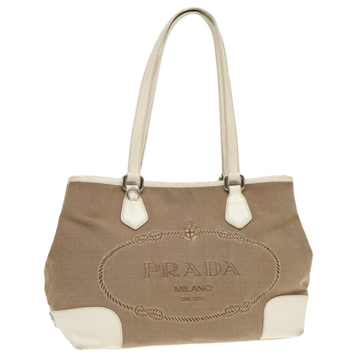 Luxury Prada Tote Bag Canvas Leather Beige White  bs18796