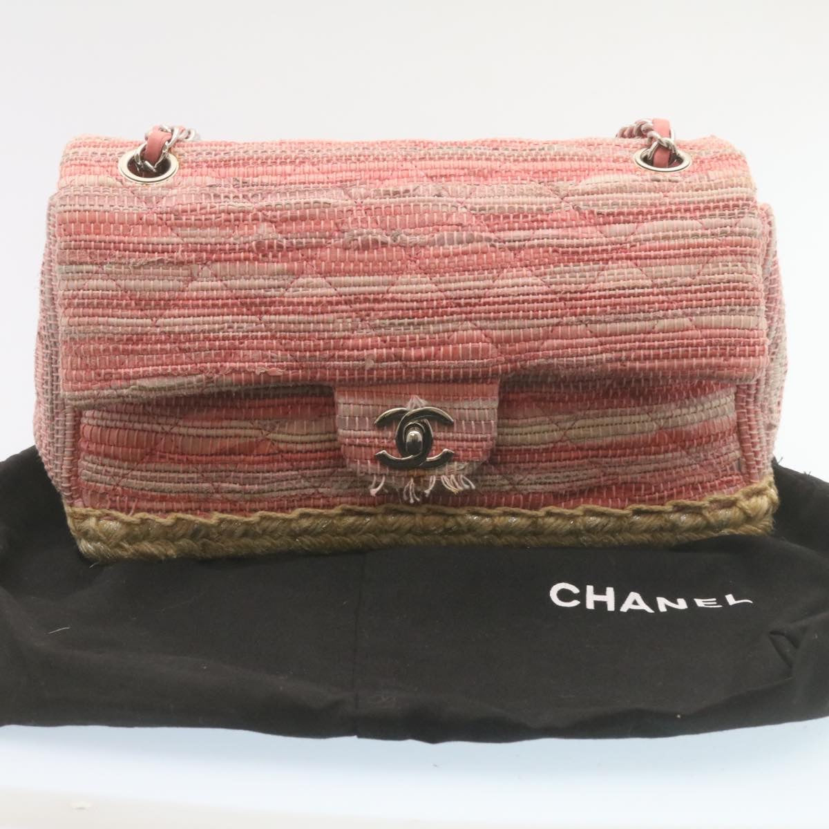 CHANEL Chain Flap Shoulder Bag Turn Lock Canvas Pink CC  bs334A