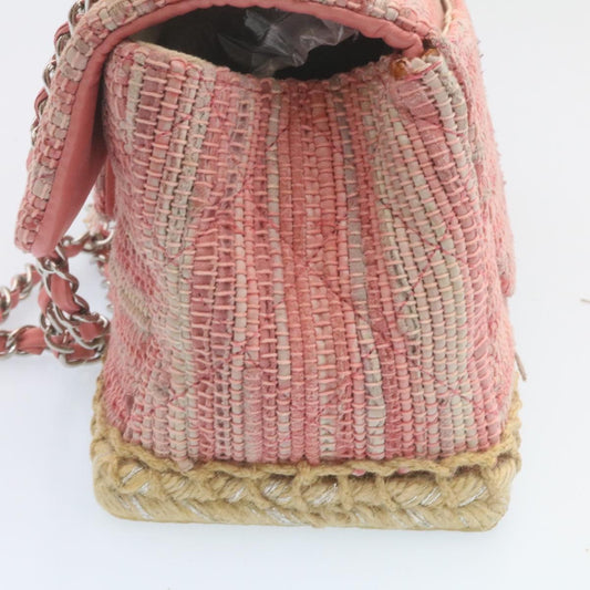 CHANEL Chain Flap Shoulder Bag Turn Lock Canvas Pink CC  bs334A