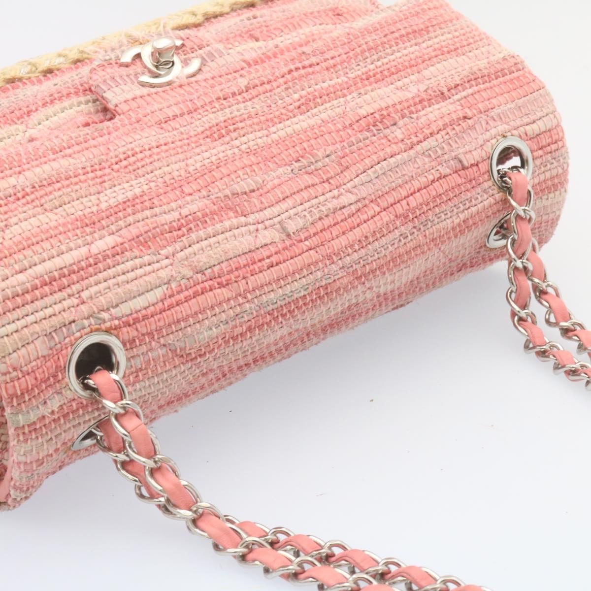CHANEL Chain Flap Shoulder Bag Turn Lock Canvas Pink CC  bs334A