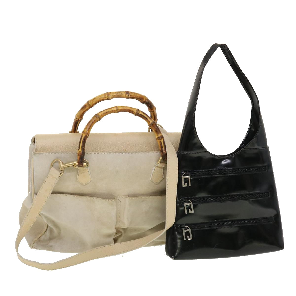 Luxury Gucci Bamboo Shoulder Bag Suede Patent leather 2Set Black White Auth bs5308