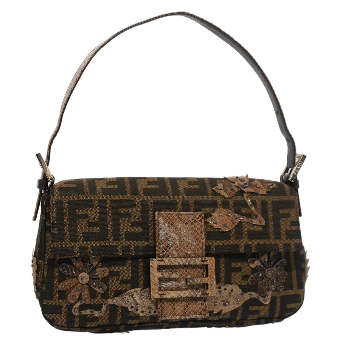Luxury FendiZucca Canvas Mamma Baguette Shoulder Bag Black Brownbs7953