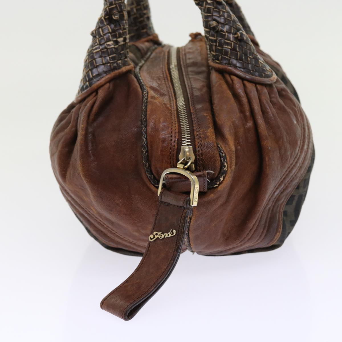 Luxury FendiZucca Canvas Spy Hand Bag Nylon Leather Brownbs8264