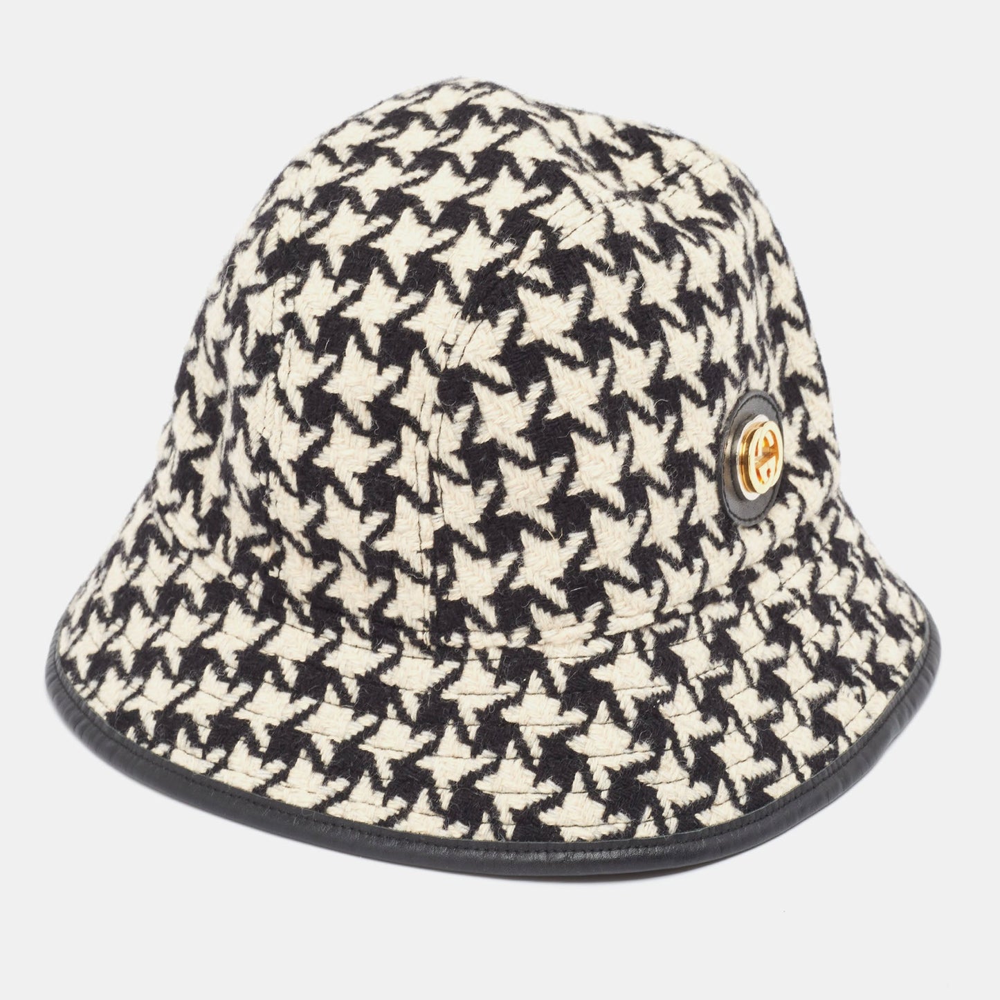 Luxury Gucci Trending 2025 Monochrome Houndstooth Wool & Cotton Bucket Hat M