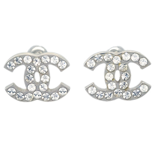 Luxury Chanel CC Rhinestone Piercing Earrings Silver 05V