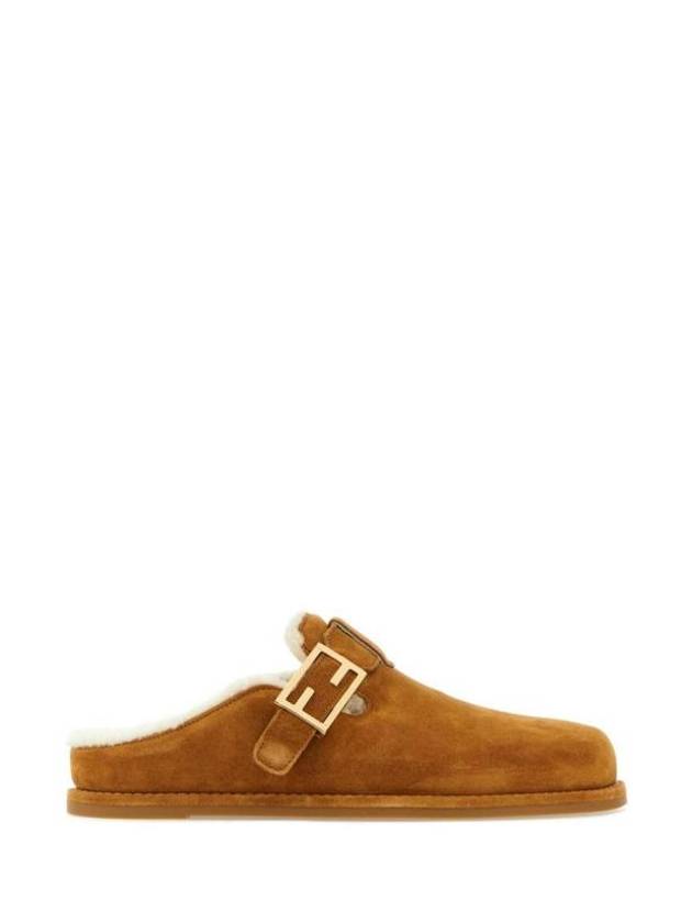 Luxury Fendi FF Strap Feel Suede Mules Beige