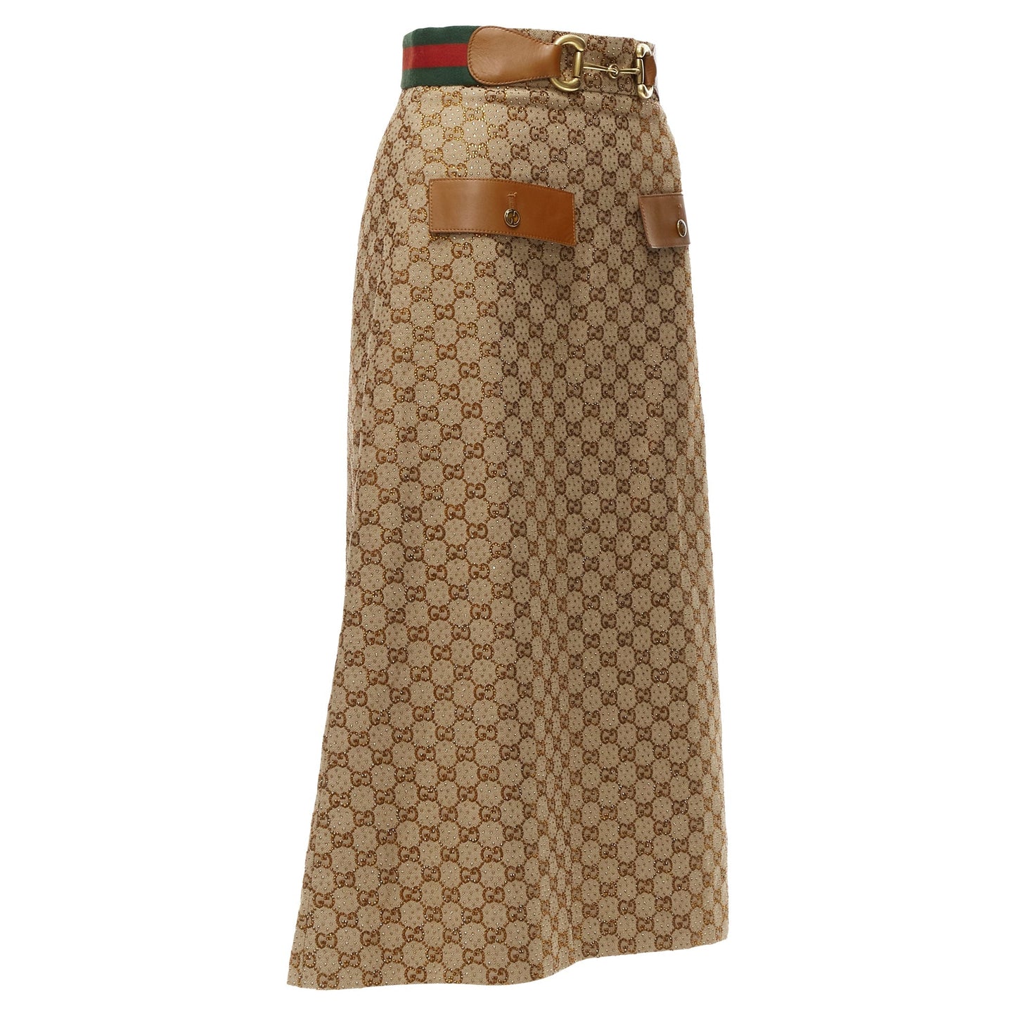 Gucci Aria GG monogram crystal leather horsebA-line midi skirt