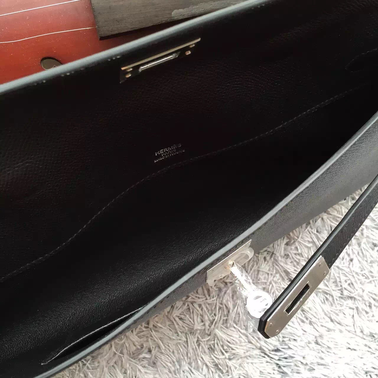 Luxury Hermes Black Handcrafted Kelly Cut Clutch