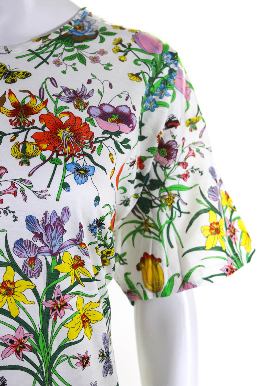 Gucci Womens Cotton Floral Round Neck Short Sleeve Pullover Top White