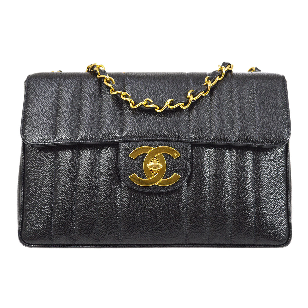 Luxury Chanel * 1994-1996 Black Caviar Jumbo Vertical Stith Classic Flap