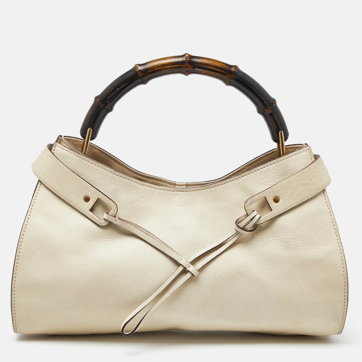 Luxury Gucci Trending 2025 Cream Leather Bamboo Top Handle Bag