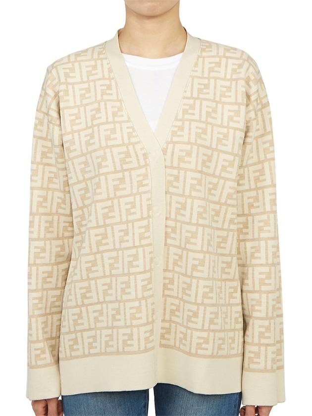 Luxury Fendi Women's FF Motif V-Neck Cardigan Beige