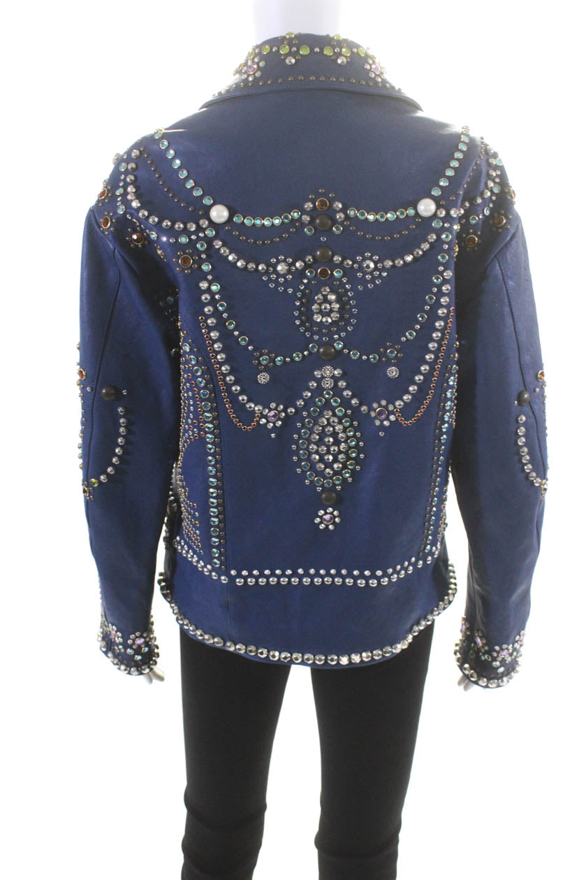 Gucci Womens Leather Crystal Embellished Zip Up Coat Jacket Navy