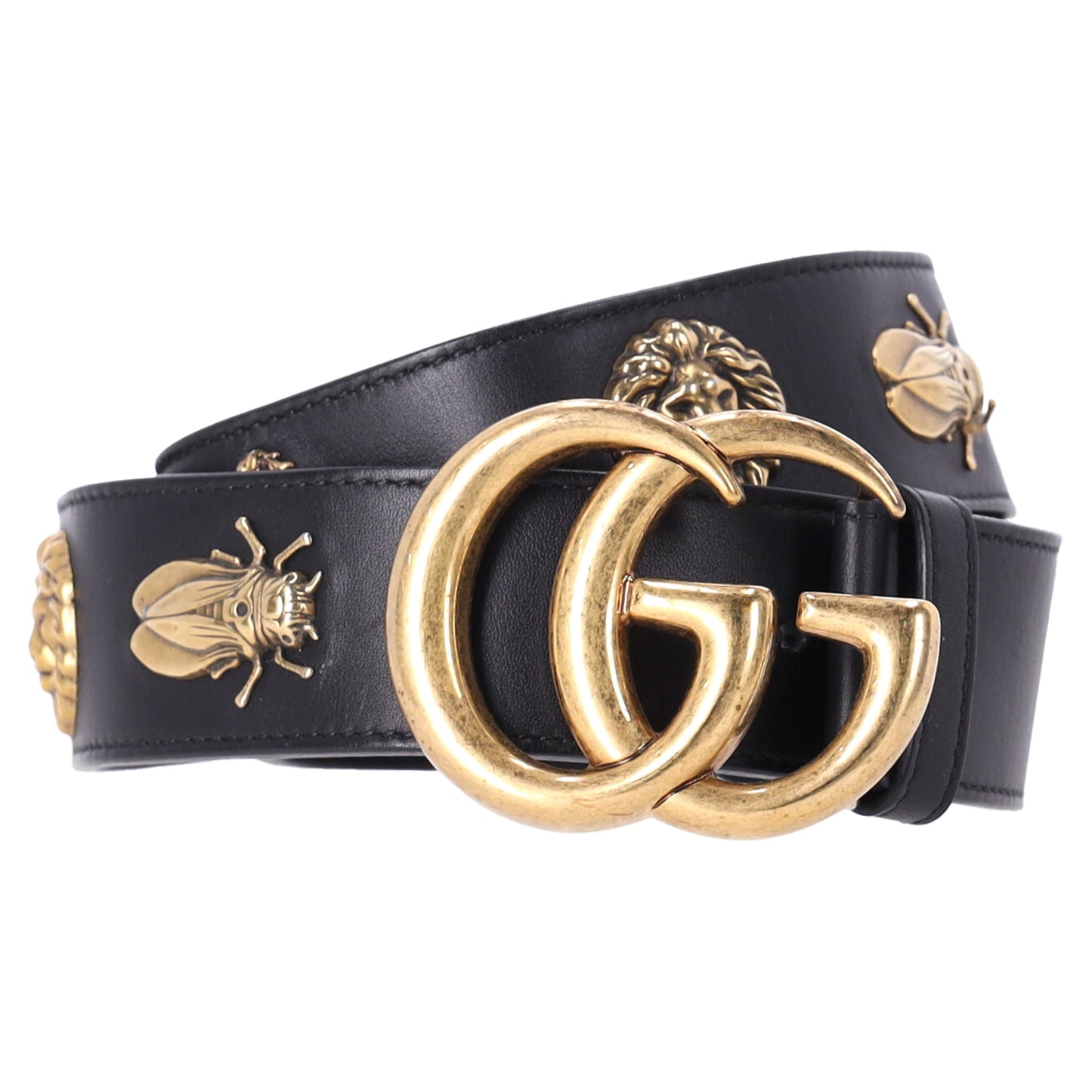 Gucci Marmont Bug Medallion Belt 80/32 in Black Smooth Leather