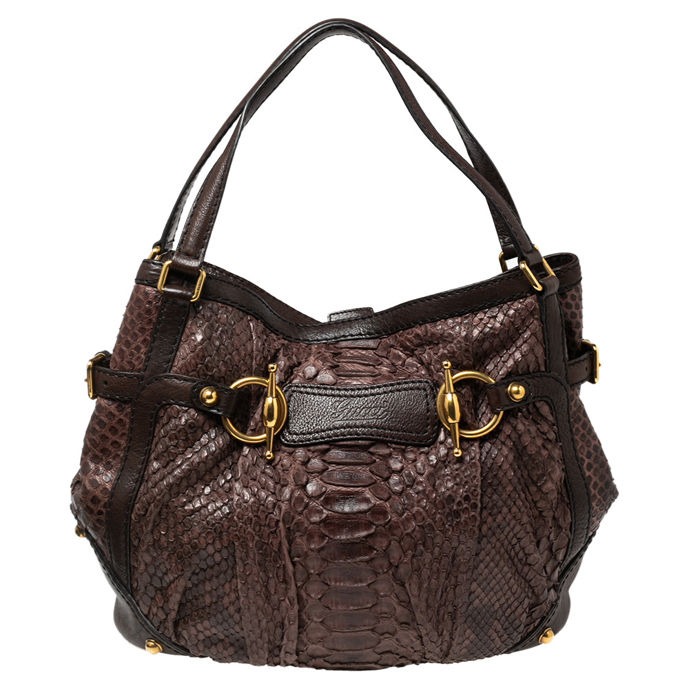 Luxury Gucci Trending 2025 Brown Python Leather Horsebit Jockey Tote