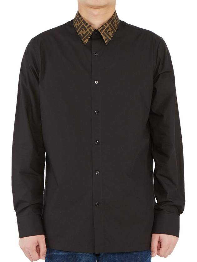 Luxury Fendi FF Jacquard Collar Slim Fit Poplin Long Sleeve Shirt Black
